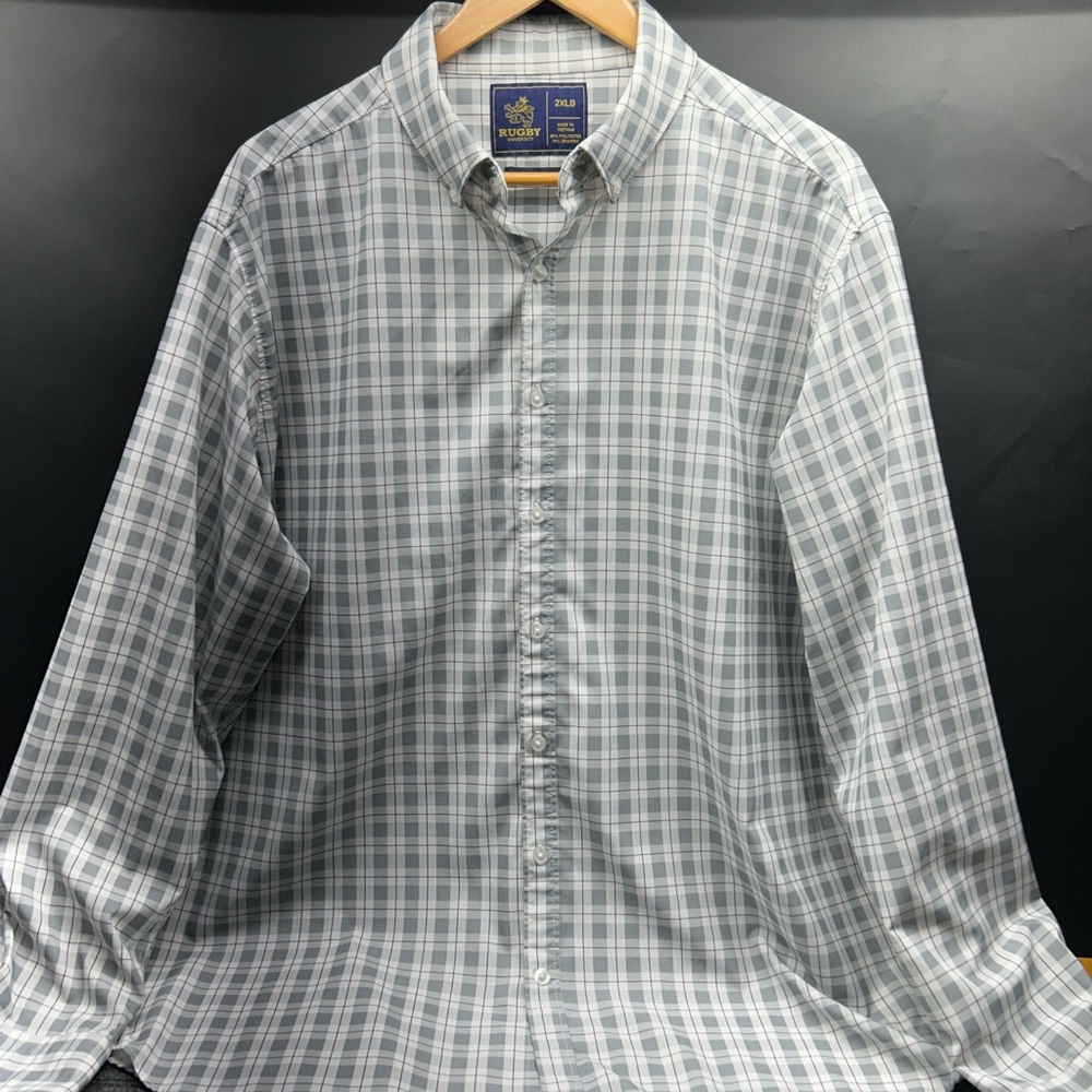 Rugby Men's‎ Gray Checkered Button Down Shirt-2XLarge-Big